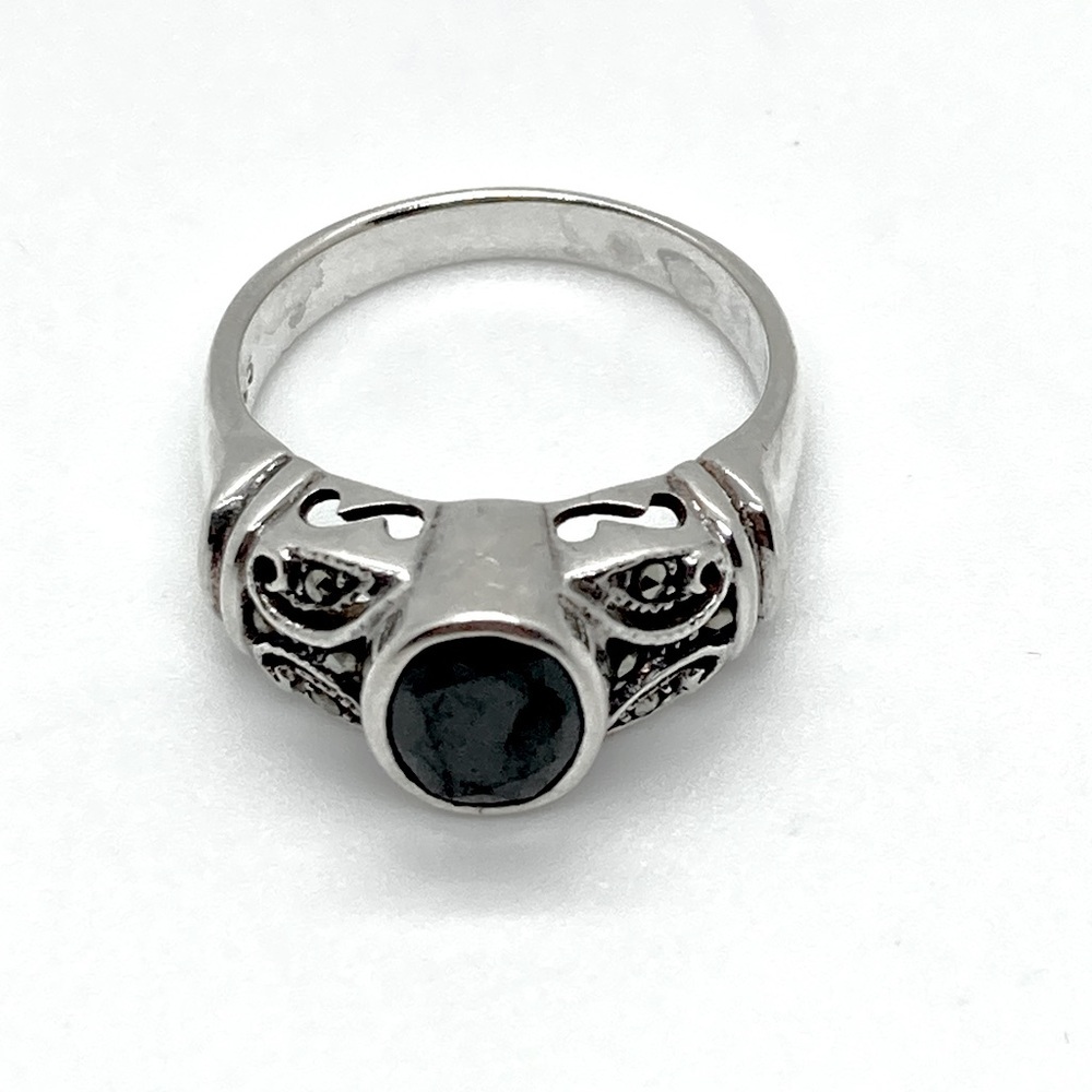Vtg 925 Sterling Silver Onyx & Marcasite Stone Chunky  Ring | Sz 8.75 / 6.5g